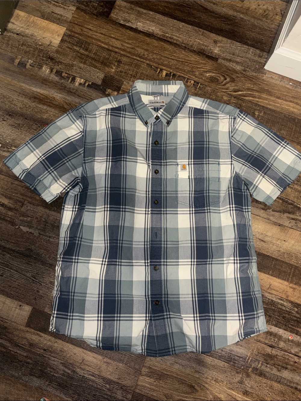 Carhartt Men's Blue and White Plaid Short-Sleeve Button-Down Shirt